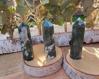 Moss Agate Tower Obelisk Gemstone Hand Flatterer Point Yoga Chakra Reiki