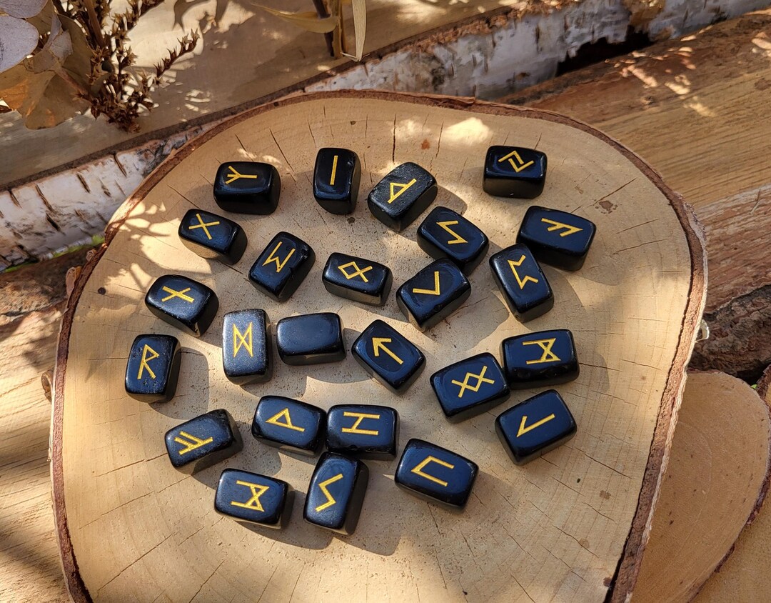 Rune Stones Set Tourmaline Black Gold Runestones Oracle - Etsy