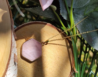 Rose Quartz Necklace Hexagon Gold