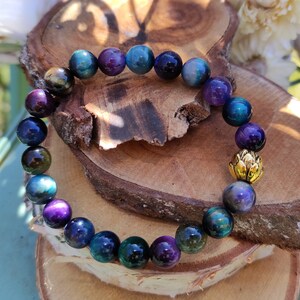 Lotus Gold Bracelet Rainbow Tiger Eye 8 mm Mala Bracelet