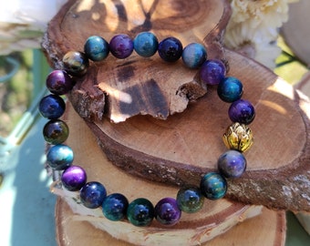 Lotus Gold Bracelet Rainbow Tiger Eye 8 mm Mala Bracelet