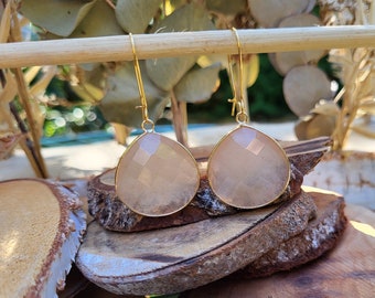 Earrings jade light peach earrings gold gemstone earrings