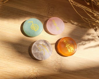 Reiki Symbol Stone Set Rock Crystal Rose Quartz Aventurine Carnelian Unique Piece Meditation