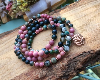 Lotus Rose Gold Mala 108 Beads Necklace Moss Agate Rhodonite African Turquoise 6mm 8mm Prayer Beads