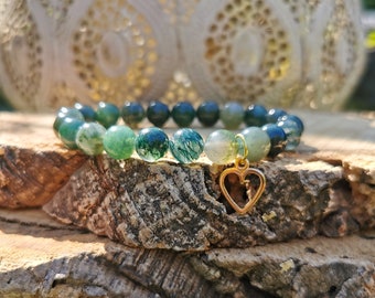 Heart Bracelet Moss Agate 8 mm Gold Agate Mala Bracelet