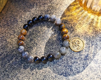 Om Bracelet Larvikite Tiger Eye Onyx Gold 8 mm Mala Bracelet