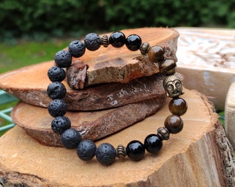 Buddha Bracelet Tiger Eye Onyx Lava Beads 8 mm Bronze Mala Bracelet