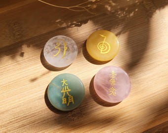 Reiki Symbol Stone Set Rock Crystal Rose Quartz Aventurine Jade Unique Piece Meditation
