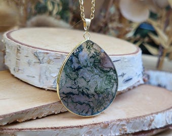 Moss Agate Necklace Drop Gold Gemstone Necklace Gemstone Agate