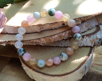 Companion bracelet rock crystal citrine rose quartz moss agate sunstone 8 mm beads gemstone bracelet