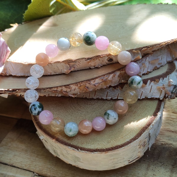 Bracelet compagnon cristal de roche citrine quartz rose mousse agate pierre de soleil perles 8 mm bracelet pierres précieuses