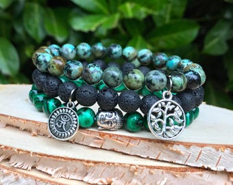 Tree of Life Om Buddha Bracelet Set Malachite Turquoise Lava Mala Bracelet 8 mm