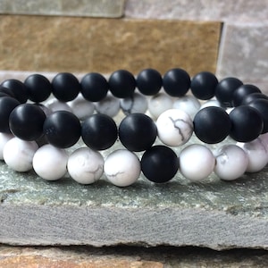 Partner Bracelets Bracelet Set Her and Him Howlite Onyx 8 mm Long Distance Relationship
