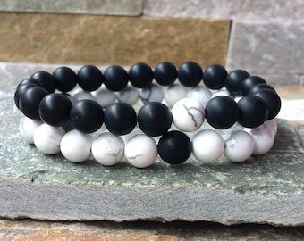 Partner Bracelets Bracelet Set Her and Him Howlite Onyx 8 mm Long Distance Relationship