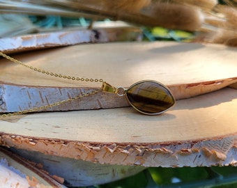 Gemstone Tiger Eye Necklace Gold Tiger Eye Drop Gold Chain Stainless Steel Gold Plated