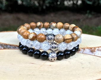 Gemstone Bracelet Set Onyx Jasper Rock Crystal Silver 8 mm