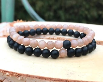 Partner Bracelets, Bracelet Set for Him and Her, Matte Onyx, Sunstone, 6 mm Beads, Long-Distance Relationship