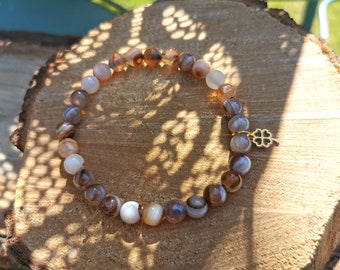 Mama Bracelet Clover Gold Botswana Agate 6 mm Pearl Gemstone Bracelet