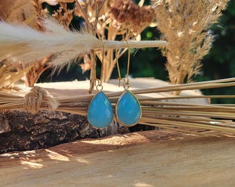 Jade drop earrings, light blue gold drop gemstone earrings