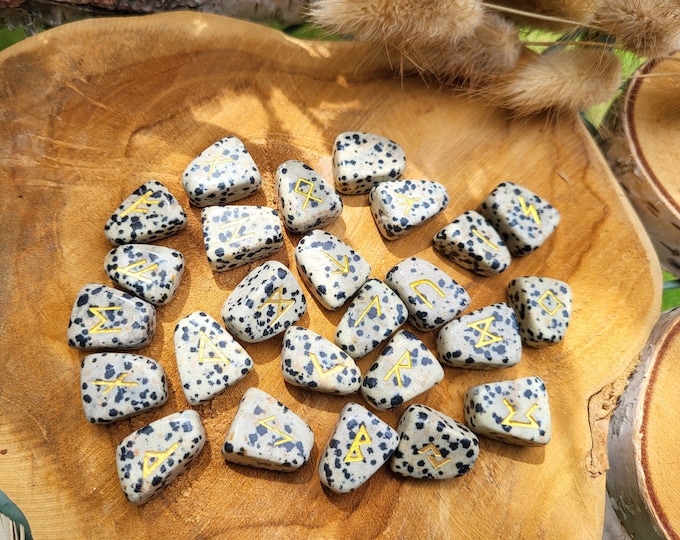 Featured listing image: Rune Stones Set Dalmatian Jasper Gold Runestones Oracle