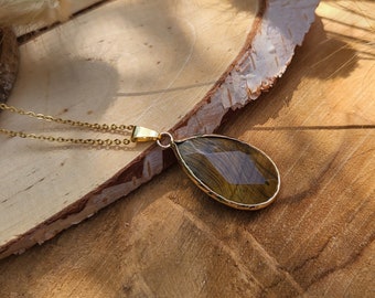 Tiger Eye Drop Gemstone Necklace Gold