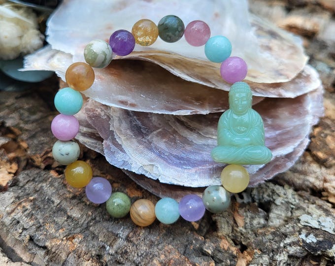Featured listing image: Buddha Bracelet Jade Citrine Jasper Amazonite Amethyst Unique Piece 8 mm Beads Gemstone Bracelet