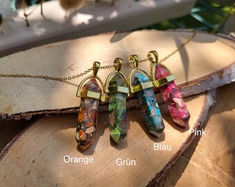 Jasper Pen Necklace Gemstone Gold Orange Blue Green Pink Jasper