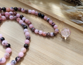 Rhodonite Opal Mala Necklace 108 Beads Real Flower Gold Prayer Beads 6 mm Beads Meditation