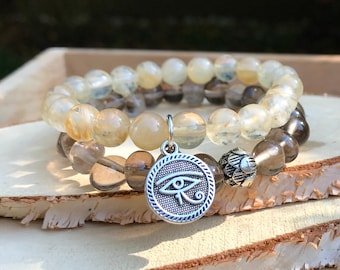 Eye of Horus Lotus Smoky Quartz Citrine Bracelet Set Silver Mala Bracelet 8 mm