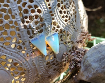 Moonstone earrings, triangles, silver triangle gemstone earrings