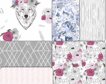 Girl Wolf Floral Crib Bedding Set Woodland Wolf Crib Bedding Etsy