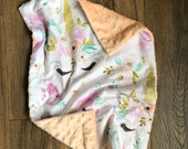 Unicorn Lovey Blanket - Unicorn Security Blanket - Sleepy Unicorn Lovey - Baby Shower Gift - Minky Baby Blanket - Gray, Blush, Peach