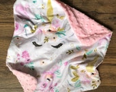 Unicorn Lovey Blanket - Unicorn Security Blanket - Sleepy Unicorn Lovey - Baby Shower Gift - Minky Baby Blanket - Gray, Blush, Teal
