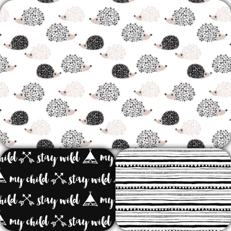 Tribal Hedgehog Crib Bedding Gender Neutual 2 Piece Gift Set Black White Woodland Baby Monochromatic