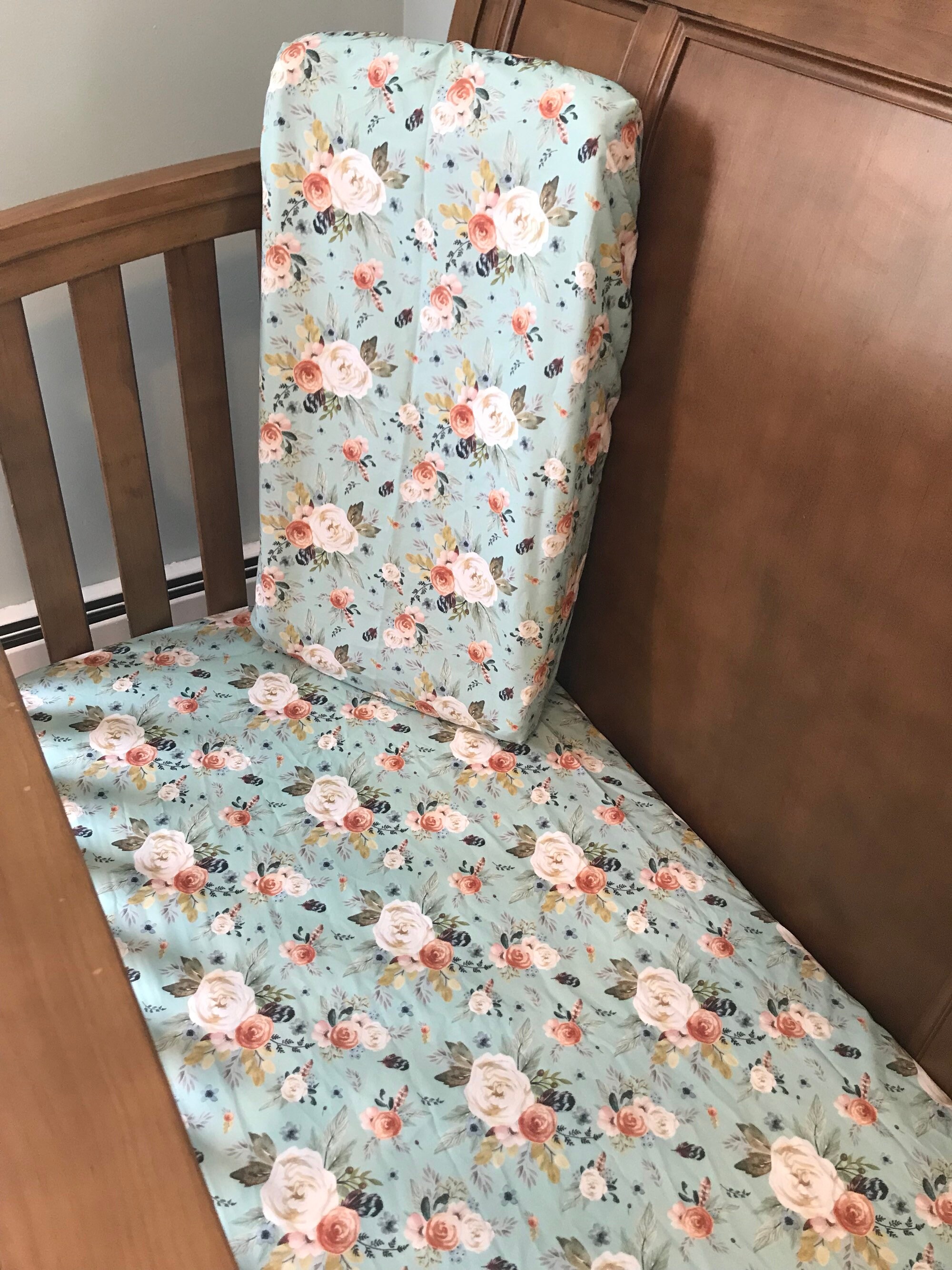 Mint Floral Fitted Crib Sheet Floral Changing Pad Cover Etsy