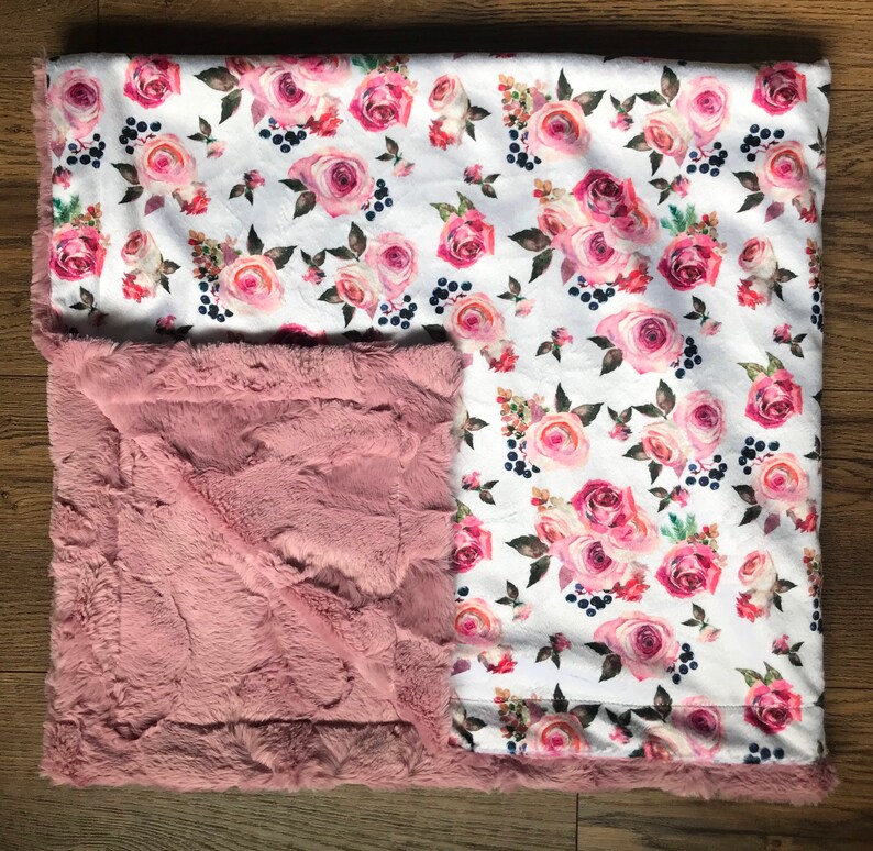 Vintage Rose Baby Blanket Dusty Rose Floral Minky Blanket Etsy