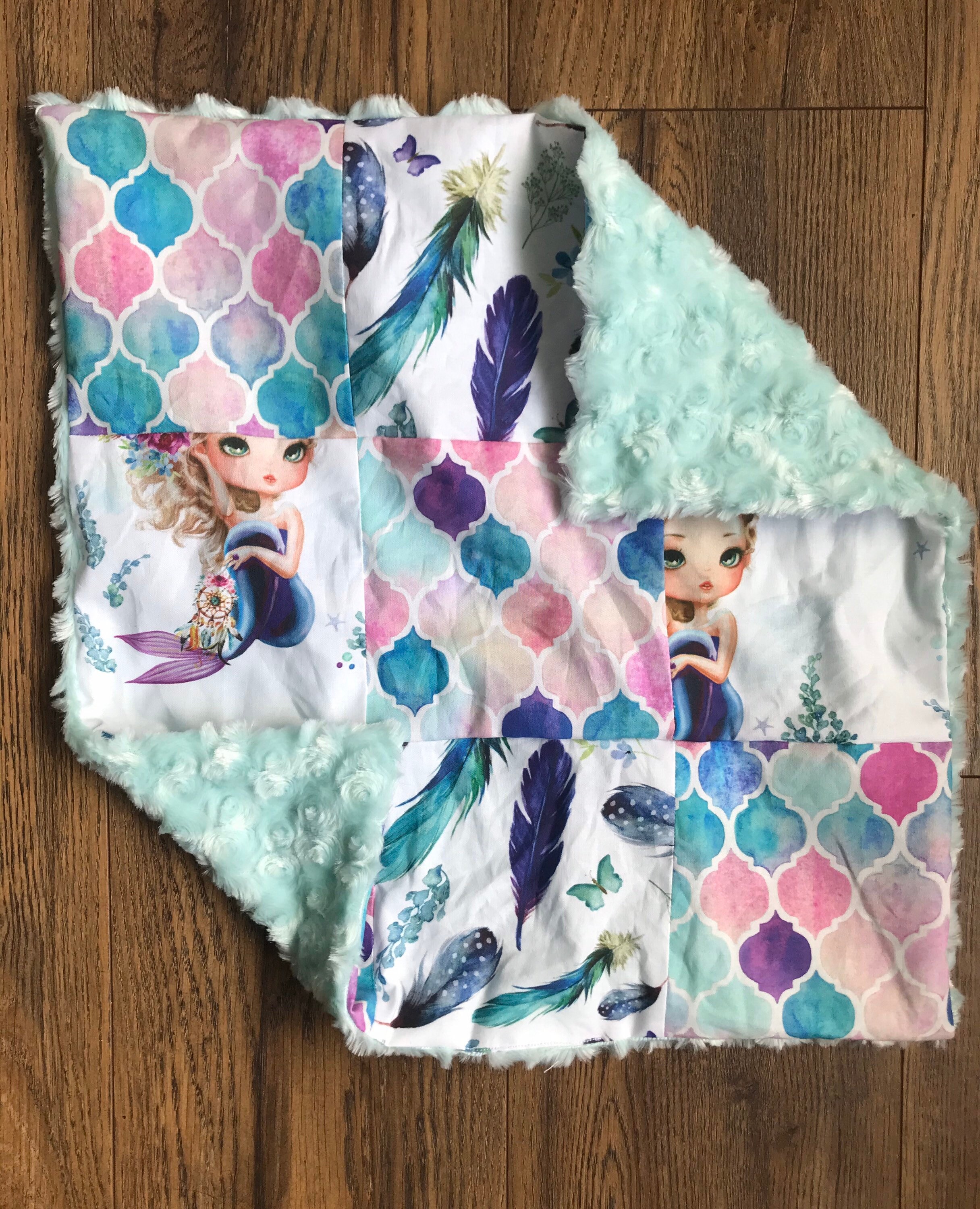 Mermaid Faux Fur Patchwork Lovey Minky Watercolor Mermaid Blanket Whale and Narwhal Lovey Pink and Purple Security Blanket