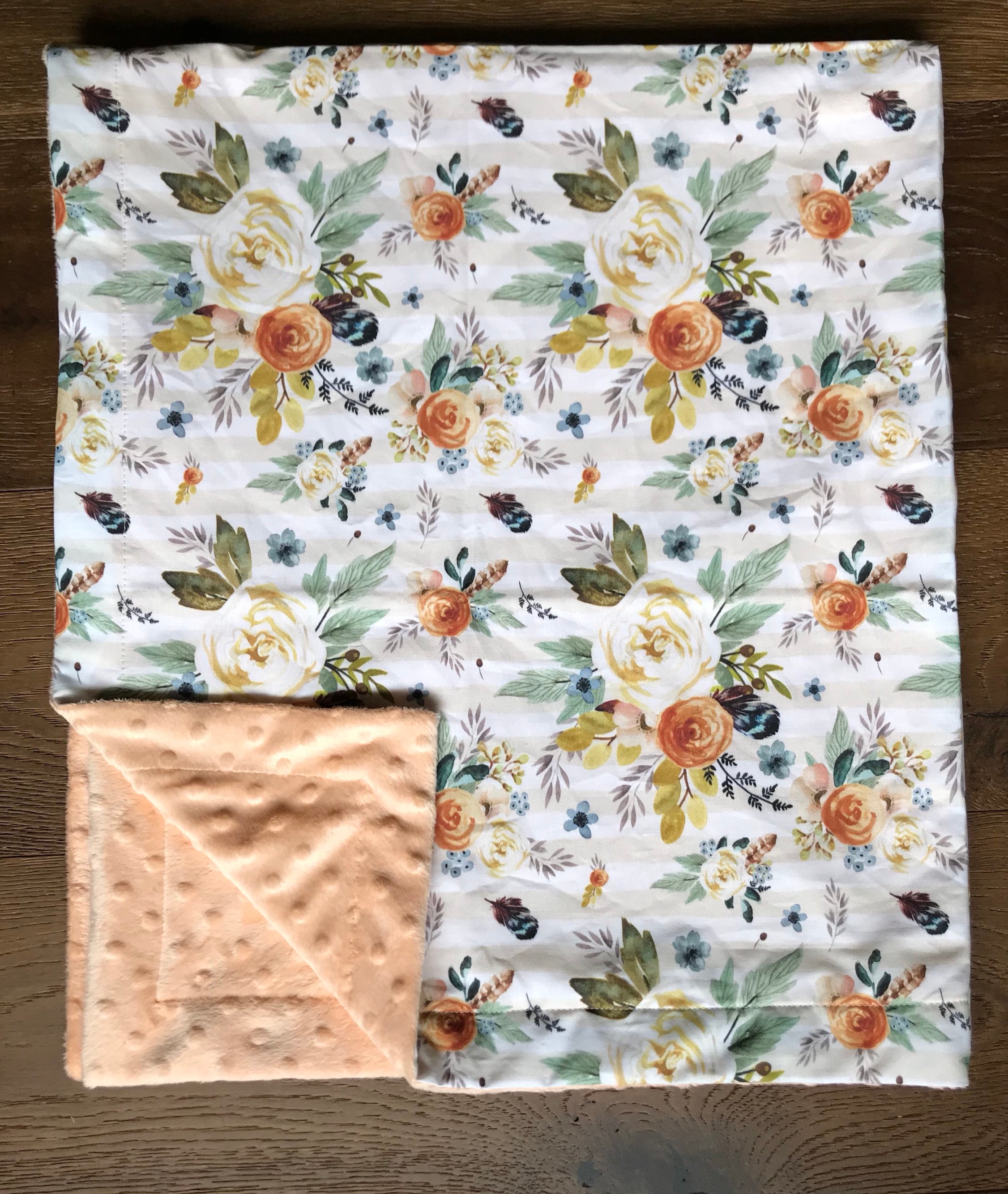 Autumn Floral Baby Blanket Peach Minky Baby Blanket Ivory Etsy