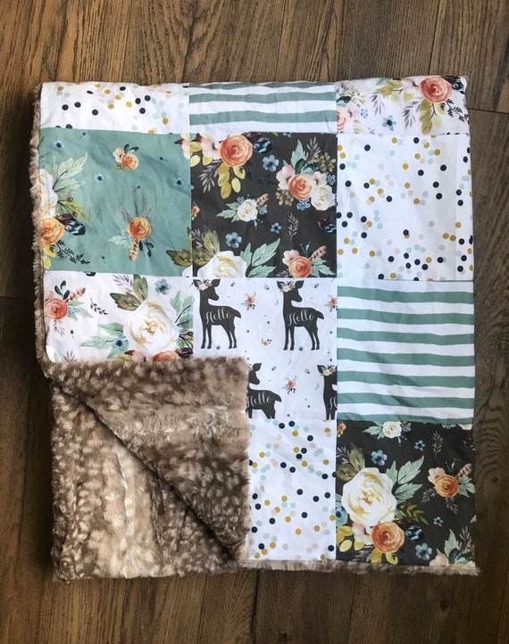 FLORAL FAWN deer blanket girl girl baby bedding Fur Baby Blanket girl nursery baby blanket girl crib blanket baby bedding