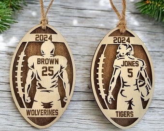 Personalized Football Ornament, Custom Engraved Sports Christmas Ornament,  High School Ornament, College Football, Gift for Senior Night