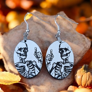 Halloween Acrylic Earrings, Skeleton Acrylic Earrings, Novelty Earrings, Skull Earrings, Spooky earrings, Engraved Earrings, Thumbs Up