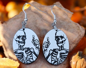 Halloween Acrylic Earrings, Skeleton Acrylic Earrings, Novelty Earrings, Skull Earrings, Spooky earrings, Engraved Earrings, Thumbs Up