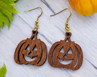 Pumpkin Earrings, Halloween Wood Earrings, Dangle Earrings Fall, Hypoallergenic Jewelry, Jack O' Lantern, Autumn Earrings, Gift for Her
