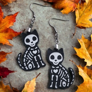 Cat Skeleton Earrings, Pet Skeleton Jewelry, Halloween Dangle Earrings, Feline Lovers Gift, Halloween Earrings for Women