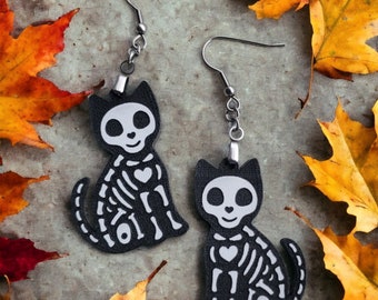 Cat Skeleton Earrings, Pet Skeleton Jewelry, Halloween Dangle Earrings, Feline Lovers Gift, Halloween Earrings for Women