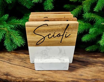 Personalized Coasters Set, Engraved Coasters, Marble and Wood Coasters, Customized Coasters, Set of 4 Coasters with Holder, Christmas Gift