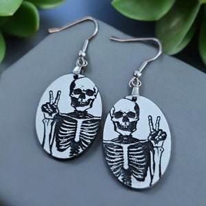 Skeleton Acrylic Earrings, Halloween, Acrylic Earrings, Quirky Earrings, Skull Earrings, Spooky earrings, Skeleton with peace sign Earrings