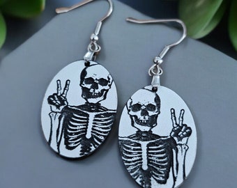 Skeleton Acrylic Earrings, Halloween, Acrylic Earrings, Quirky Earrings, Skull Earrings, Spooky earrings, Skeleton with peace sign Earrings