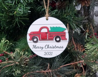 Red Truck Christmas Ornament, Merry Christmas 2022 Ornament, Farmhouse Christmas Ornament, Red Truck Holiday Ornament, Gift for her