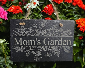 Personalized Mom Garden Sign, Laser Engraved Slate Flower Garden Plaque, Gift for Mothers Day, Gift for Mom, Garden Lovers Gift